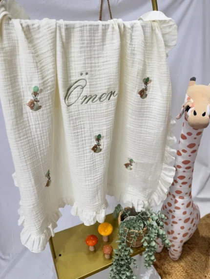 Yenidoğan Müslin Battaniye (Ayıcık ve Balon Detaylı)