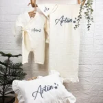 Müslin Set – Yastık, Battaniye ve Tulum (Yaprak Detaylı)